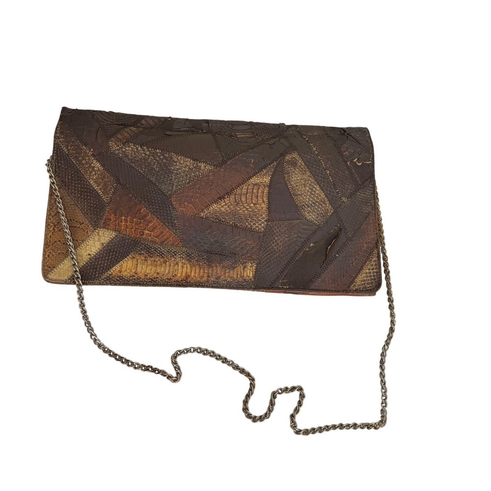 Vintage Patchwork Snakeskin Leather Clutch Brown Exotic Skin Chain Shoulder Bag - Picture 2 of 5